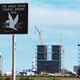 A bird conservation sign stands near SpaceX's Starbase facility near Boca Chica Village in South Texas.